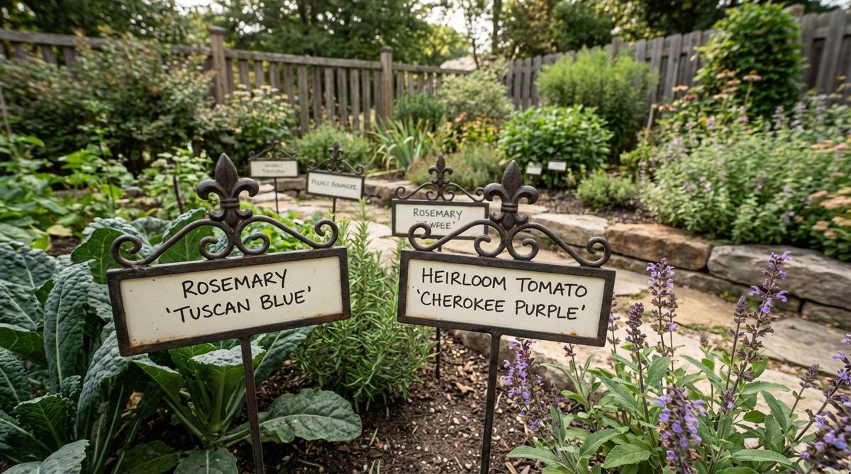 Durable iron plant labels with stakes featuring writable surfaces for identifying garden specimens. Weather-resistant metal construction maintains legibility across seasons, suitable for both ornamental and vegetable gardens with decorative tops adding subtle ornamentation.