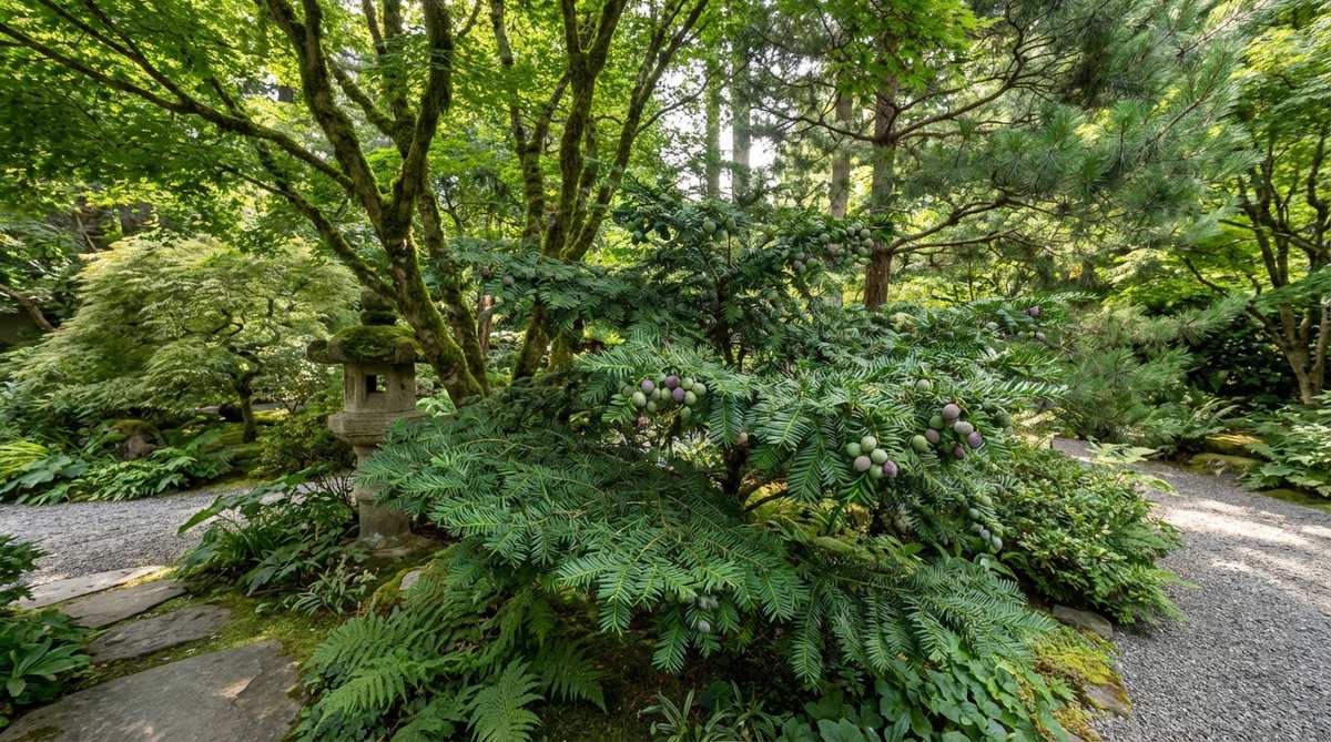A detailed image of Japanese plum yew (Cephalotaxus harringtonia) showing its distinctive dark green needles arranged in two flat rows, creating a yew-like appearance. The shade-tolerant evergreen shrub is shown in a Japanese garden setting, demonstrating its understory role beneath taller canopy trees. The image captures the plant's spreading habit, growing 5-10 feet tall, with plum-sized fleshy fruits visible on female plants. This versatile conifer is ideal for foundation plantings and shaded garden areas in zones 6-9.