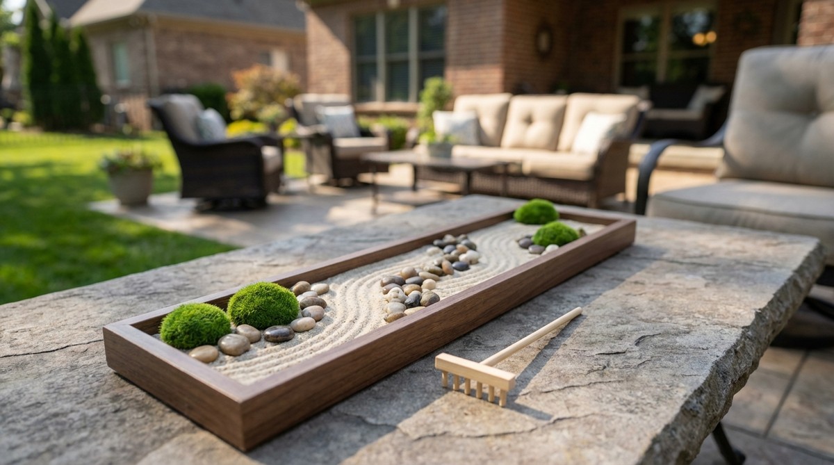 A long narrow tray measuring 15x4 inches, designed to match standard keyboard dimensions. This elongated shape encourages long sweeping rake motions and fits naturally in front of computer monitors, allowing users to practice mindfulness while remaining at their workstations.