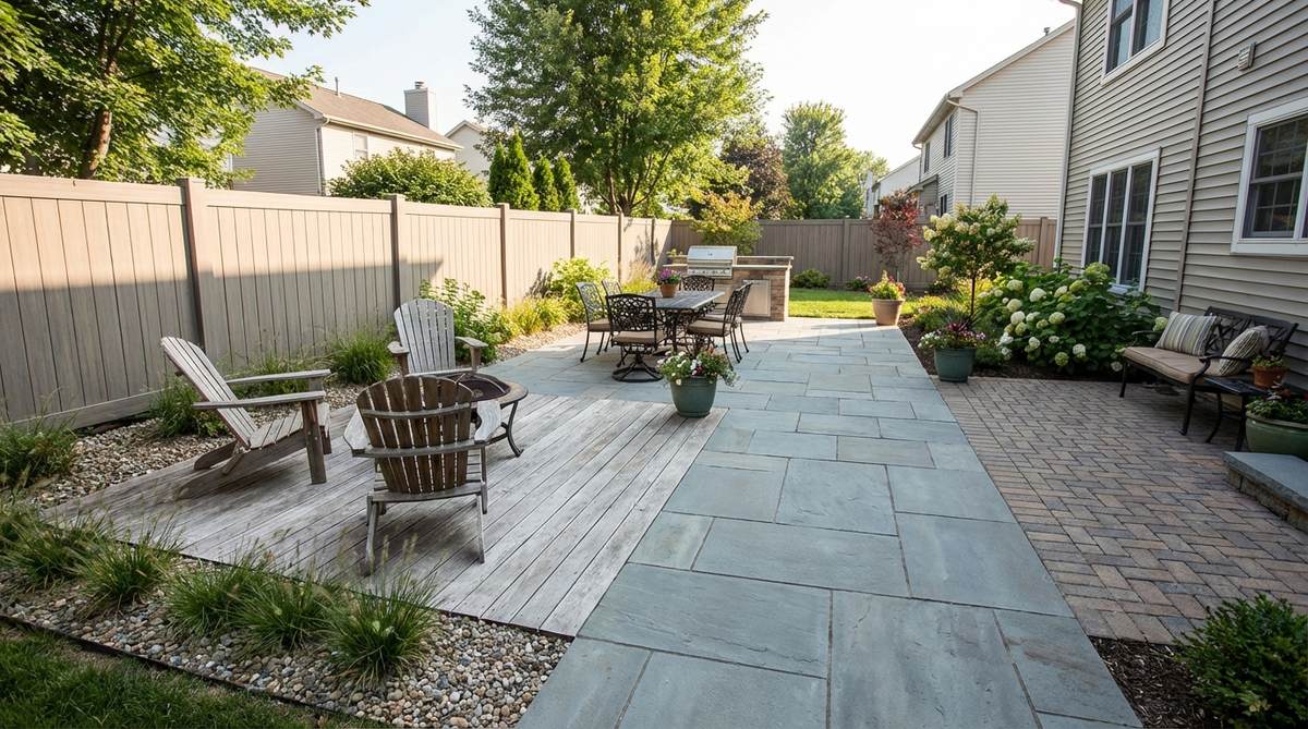 An L-shaped wraparound patio layout extending along two property edges, maximizing coverage in a small garden without overwhelming the space. Features multiple seating zones created by varying paver patterns or decking orientations, utilizing narrow strips between structures and property lines for efficient use of space.