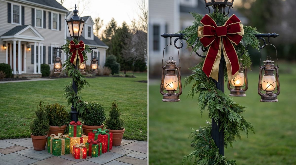 A front yard lamppost decorated in Victorian street-style with spiral evergreen garlands, oversized ribbon bows, and battery-operated lanterns hanging from the arms, surrounded by potted evergreens and illuminated gift boxes at the base.