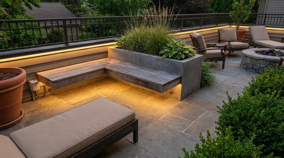 Adhesive-backed LED strips installed under balcony furniture, such as benches or railings, creating a floating effect with indirect lighting. Waterproof IP65-rated strips for outdoor use, ideal for built-in seating or planters to add dimension without visible fixtures. Smart app-controlled options available for adjustable colors and brightness.