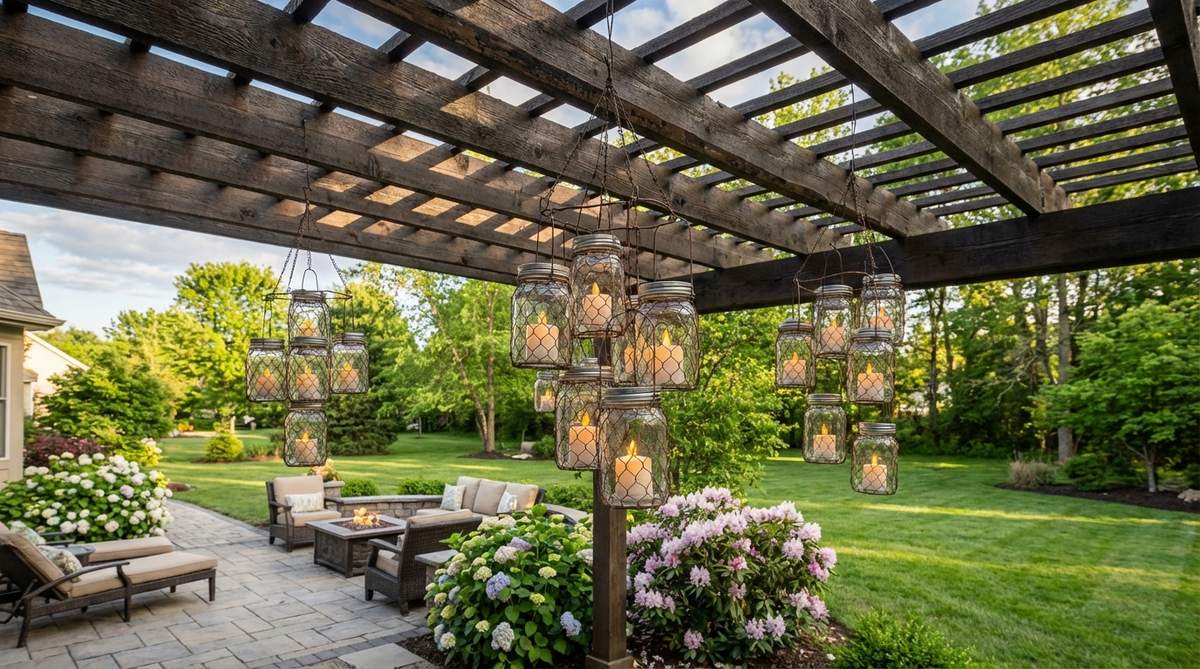 Wire-wrapped mason jars hanging from pergola beams, holding LED votives for a safe, flickering light effect. Grouped in clusters of five to seven at varying heights to create an organic, decorative display for outdoor spring settings, using battery-operated votives to avoid wax drips and fire hazards.
