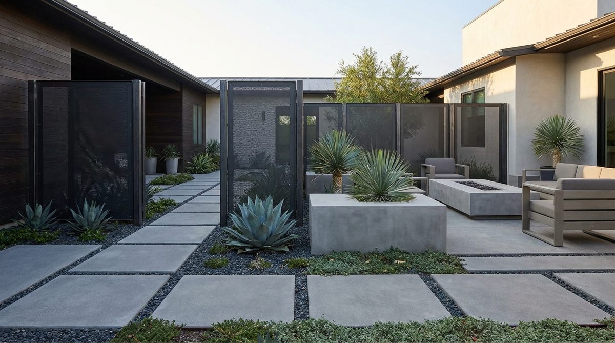 A contemporary courtyard garden featuring clean lines, monochromatic color palette, and geometric forms with large-format pavers, steel-framed screens, and sculptural architectural plants like agave and yucca in modular concrete planters.