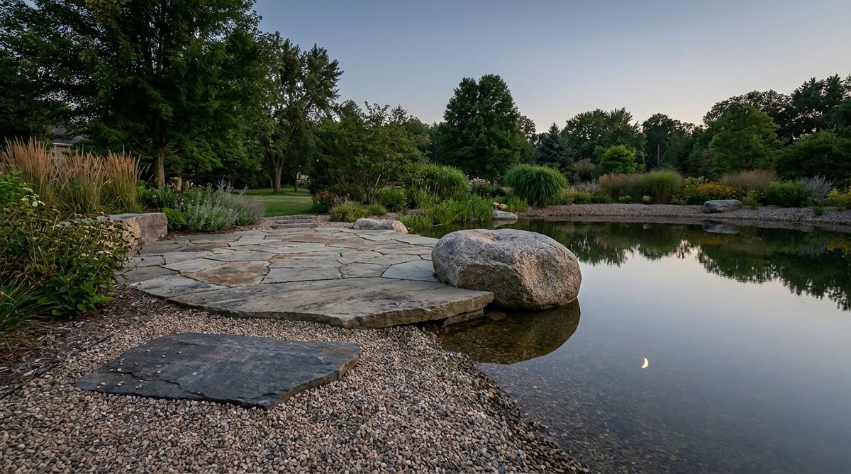 A flat stone platform designed for sitting and observing the moon's reflection in water or gravel, featuring a large, smooth stone or tightly fitted slabs positioned for optimal seasonal moon viewing, with natural texture and character.