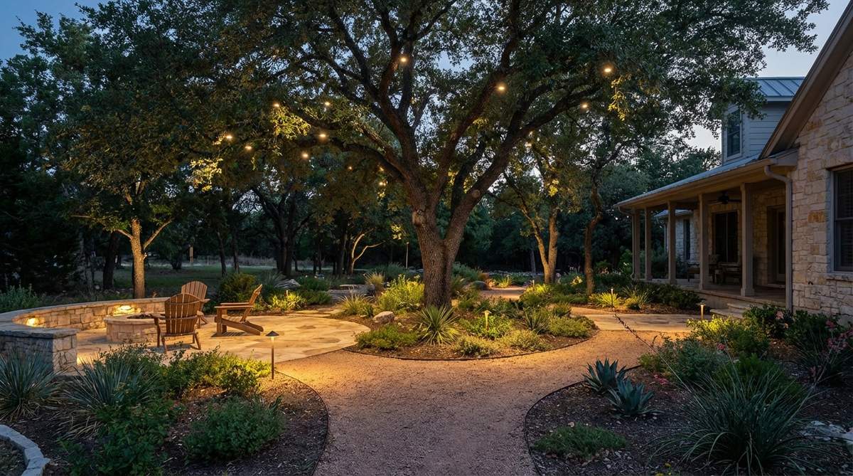 An image showing downlights mounted high in tree branches, casting dappled light downward through foliage to mimic natural moonlight, with ambient illumination across a garden area.