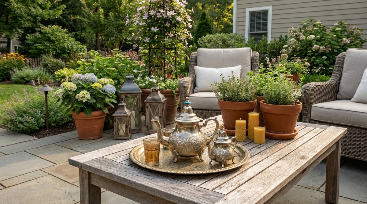 An ornate metal Moroccan tea set with engraved details, displayed on an outdoor table or shelf. The traditional shapes and metallic finishes catch light, evoking exotic bohemian travel and global influences central to vintage boho decor. Perfect for decorative purposes or beverage service during garden gatherings, it can be grouped with candles and flowers for styled vignettes.
