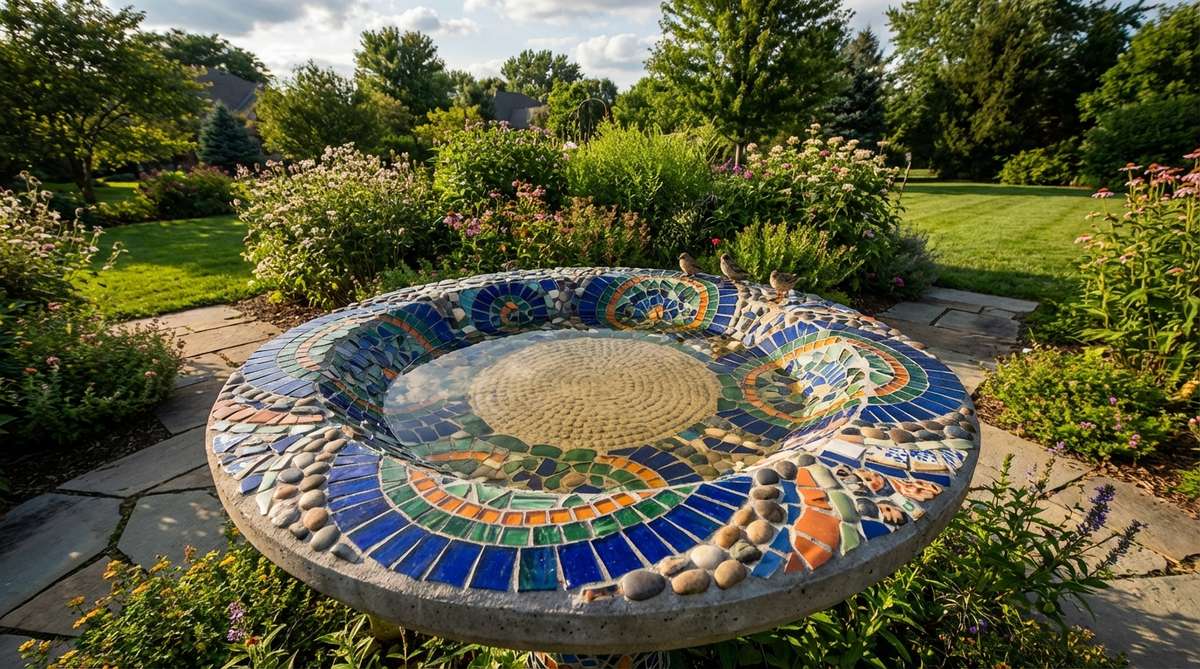 A decorative mosaic birdbath featuring a concrete basin adorned with colorful glass tiles, ceramic fragments, and pebbles arranged in intricate radial patterns. The textured bottom provides safe footing for birds while bathing, making it both functional and artistic garden ornamentation.