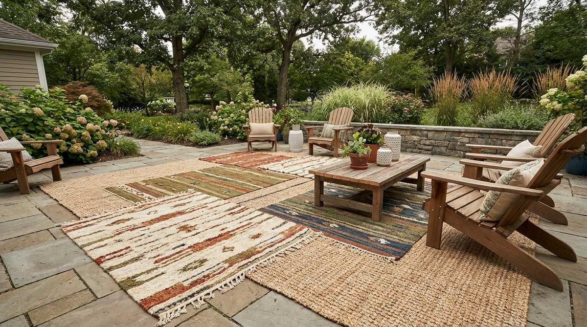 Hand-loomed wool or cotton rugs with irregular weaves and artisan imperfections, layered over jute or sisal base rugs to create textural depth and visual interest in boho decor.