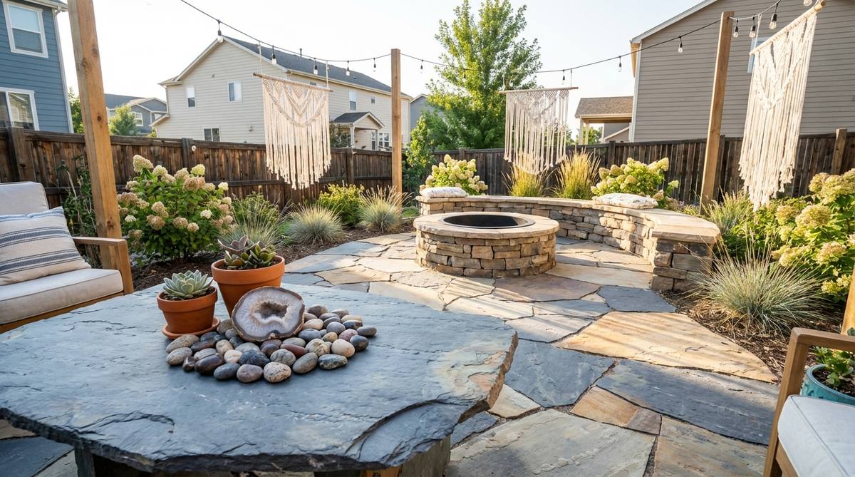 A collection of natural stone elements like slate, marble, river rock, and geodes used in boho decor, including tabletops, decorative objects, fire pits, and pathways, showcasing unique textures and grounding the space with geological authenticity.