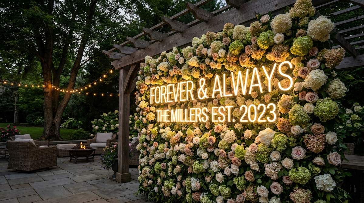 A custom neon sign displaying names or meaningful phrases, mounted against a solid backdrop like a flower wall or fabric panel, providing contemporary accent lighting for an outdoor wedding reception. The colored glow adds high contrast for photography and reflects current design trends with personalization.