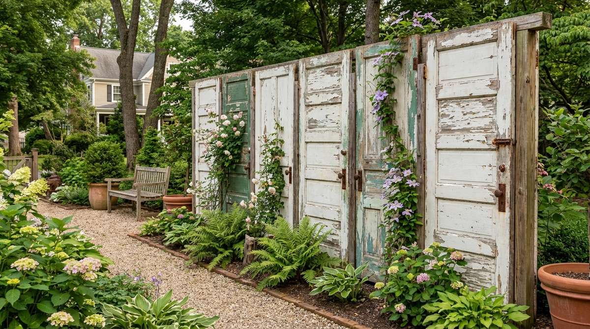 A vintage salvaged door used as a garden backdrop, positioned vertically to create an instant wall that defines garden spaces or supports climbing plants. The door features peeling paint layers, original hardware, and architectural details that add three-dimensional texture and visual interest to the garden. Multiple doors arranged in sequence create rhythm and varied heights, serving as trellis structures or decorative elements in outdoor spaces.