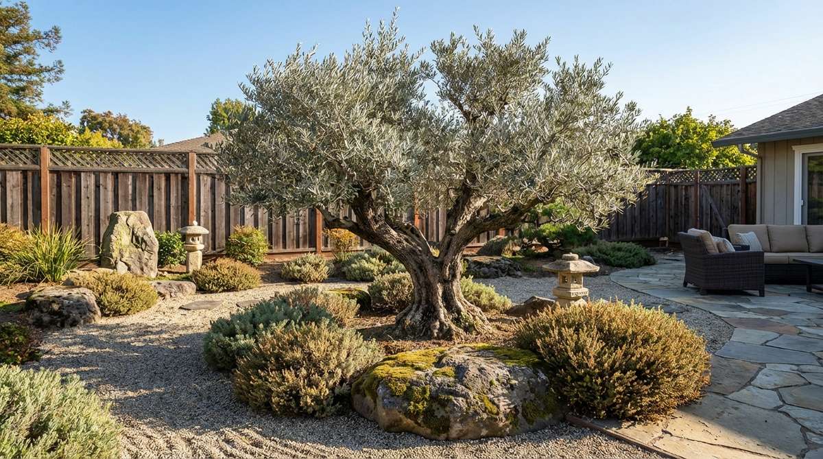 An Olive (Olea europaea) bonsai tree in a Japanese garden setting, featuring silver-gray foliage and a gnarled trunk that evokes a Mediterranean atmosphere. This drought-tolerant plant is ideal for exposed positions with good drainage, suitable for gardens where it can be protected from hard freezes in colder climates.