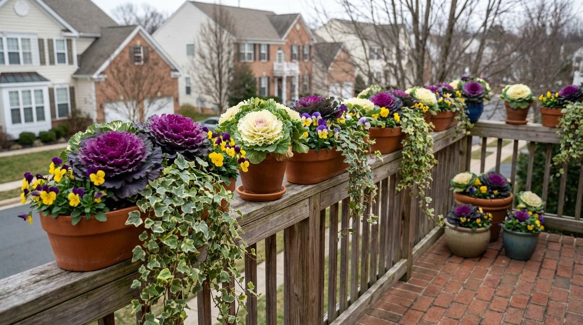 Ornamental cabbage and kale plants with vibrant rosette forms arranged along a winter balcony railing, providing cold-season color and textured interest when combined with pansies and trailing ivy for extended balcony enjoyment.