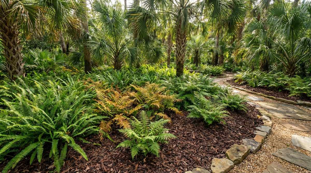 A lush tropical garden scene showing sword ferns, autumn ferns, and lady ferns thriving in the dappled shade beneath a palm canopy. The understory is heavily mulched with organic matter to maintain moisture and suppress weeds, creating a low-maintenance classic pairing.