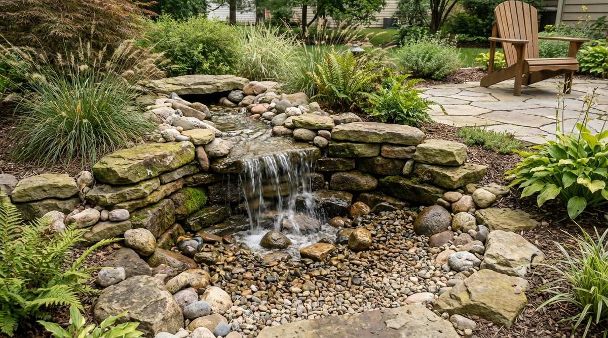 A pondless waterfall design featuring water cascading over layered rocks into a hidden reservoir, ideal for outdoor decorations with low maintenance and reduced water usage.