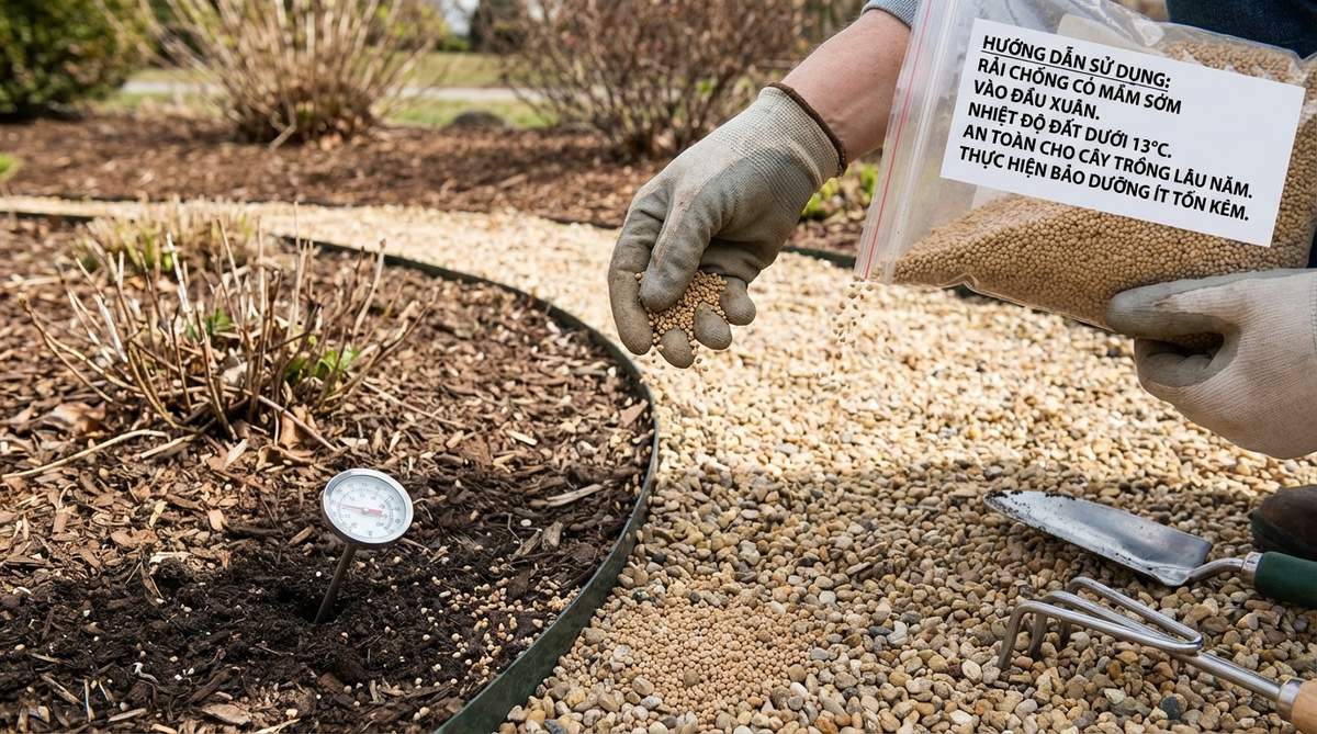 A close-up image showing the application of granular pre-emergent herbicide on a gravel garden path in early spring, with soil temperature below 55°F, to prevent weed germination without harming established plants, as part of a low-maintenance landscaping protocol.