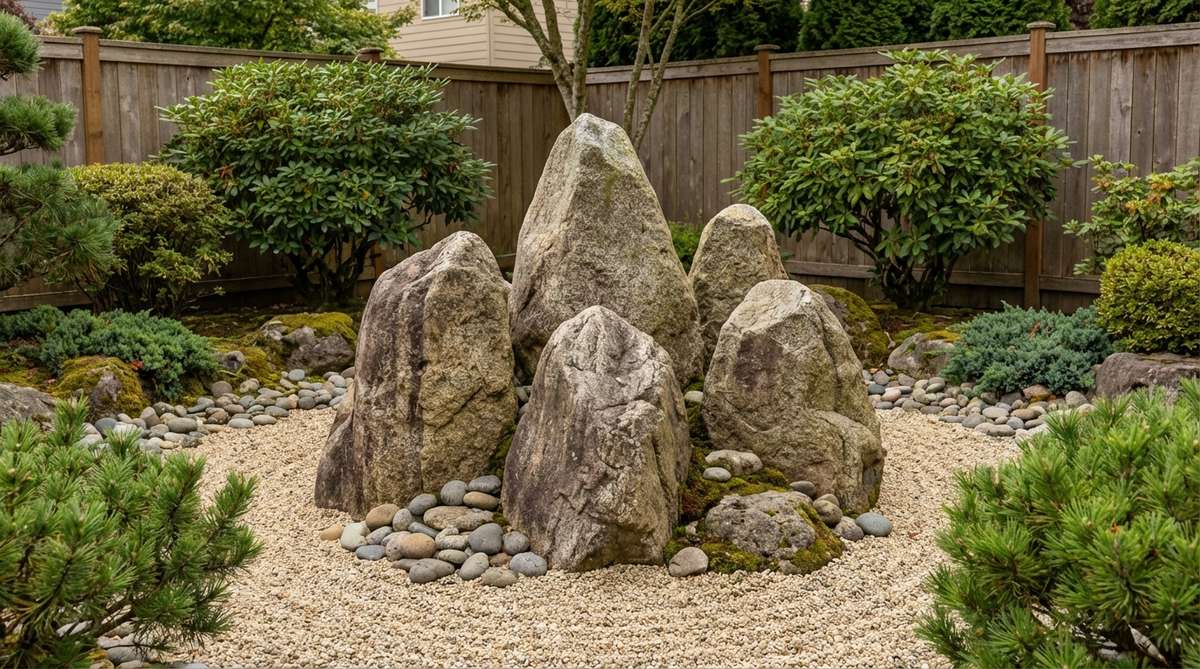A close-up photo of a pyramid peak cluster in a zen garden, featuring 3-5 upright boulders arranged in a tight, symmetrical formation with the central stone as the highest point. The stones are buried at varying depths to create a stable, grounded appearance, with smaller stones packed between them to unify the cluster, conveying a sense of permanence, strength, and spiritual resonance.