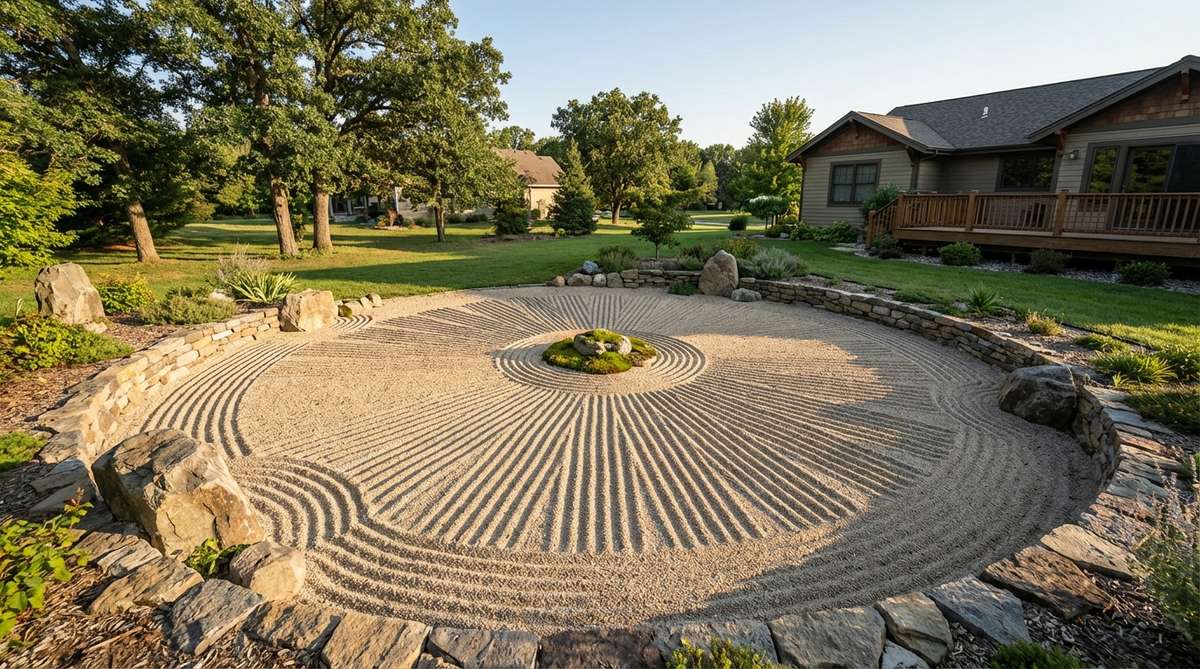 A Japanese Zen garden featuring a radial burst pattern with lines radiating outward from a central point like sun rays. The design creates strong centrifugal energy moving from center to edges, with consistent angle spacing between the raked lines. This dramatic geometric pattern makes a powerful visual statement in a circular or square garden space.