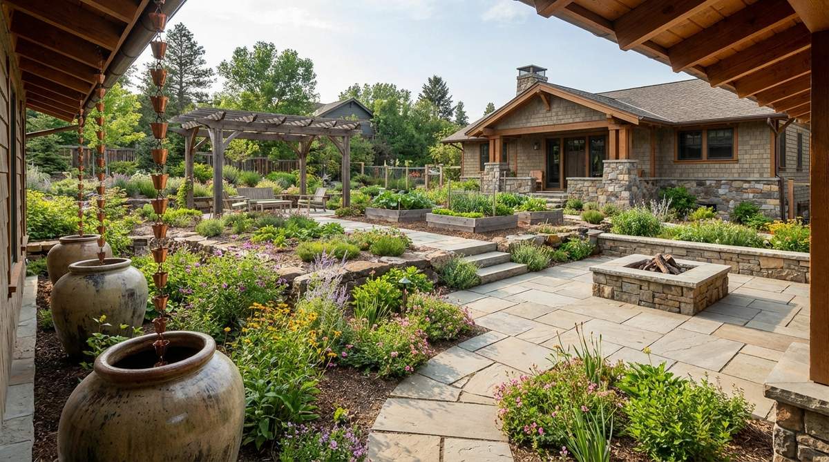 Decorative rainwater harvesting system with copper rain chains guiding water from gutters into elevated ceramic cisterns for garden irrigation, showing sustainable garden decoration with functional water collection features.