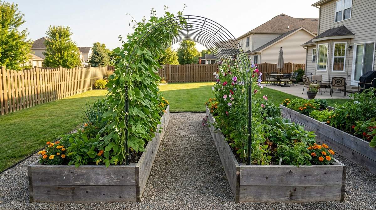 A small garden raised bed design featuring two parallel beds with an arched trellis spanning between them, covered in climbing beans and sweet peas, creating a tunnel-like effect for efficient use of space and layered planting.