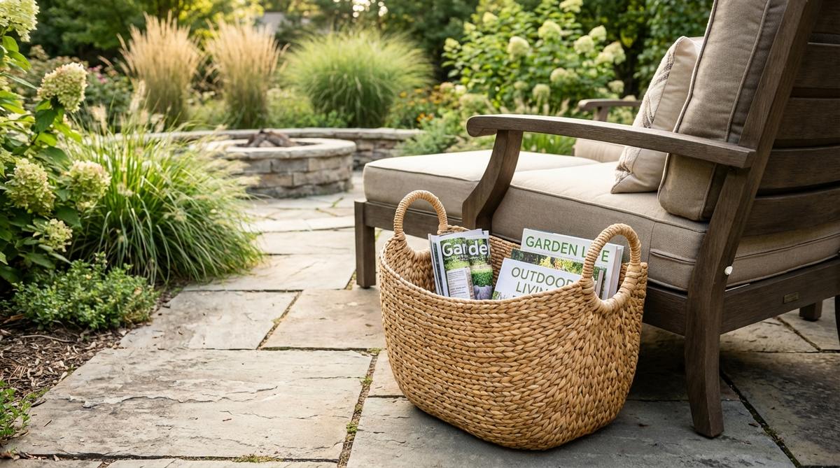 A natural rattan woven magazine basket with handles, perfect for boho garden furniture. This storage basket organizes reading materials and develops a golden patina through sun exposure, adding textural interest to outdoor spaces.