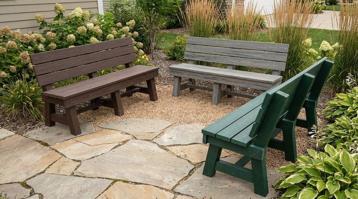 A durable recycled plastic lumber bench in a small garden setting, showcasing its wood-like appearance with zero maintenance requirements. The bench is shown in various colors, demonstrating resistance to fading and stability in windy conditions without needing ground anchoring.