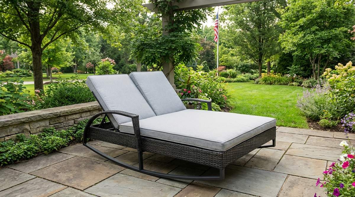 A hybrid rocking lounger combining reclining comfort with rocking motion, featuring adjustable backrests and weather-resistant construction for outdoor relaxation.