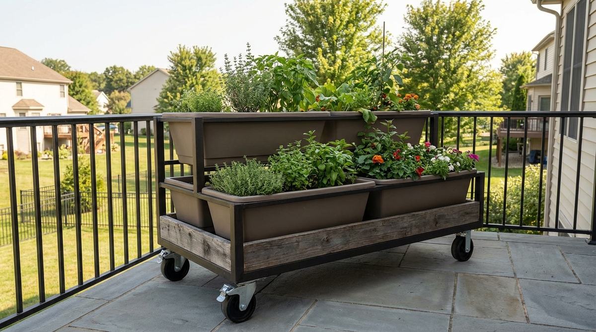 A heavy-duty rolling garden cart on a balcony, featuring deep planting bins mounted on lockable casters for easy movement to optimize sunlight exposure throughout the day.