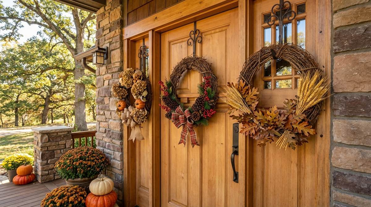A collection of seasonal wreaths displayed on a porch door, showcasing easy rotation with grapevine bases, over-door hangers, and decorative elements like flowers and ribbons for versatile outdoor decor.