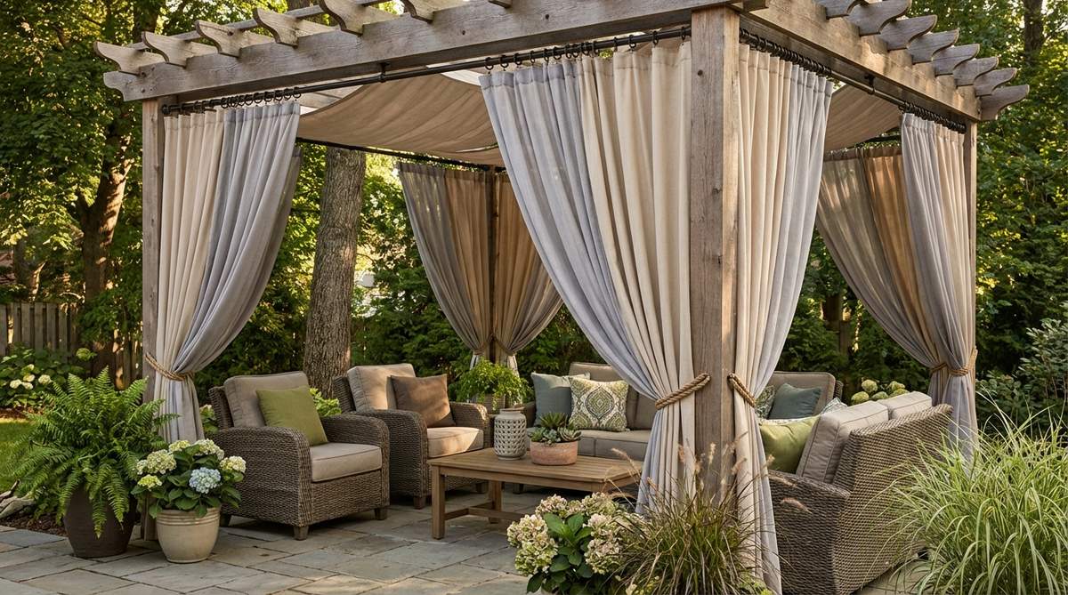 An outdoor rug anchors garden furniture in a corner lounge area, extending beyond edges to define the space with color and texture for a cohesive appearance.