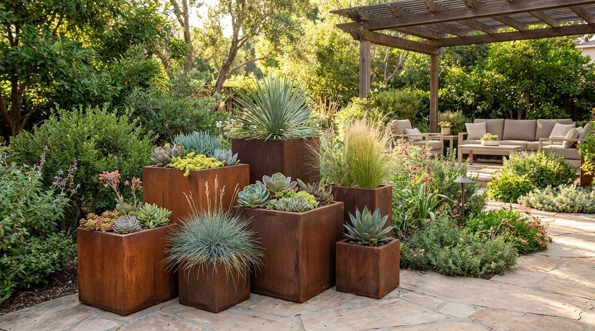 Oxidized metal planters in rust and sienna tones with natural patina, arranged in varying heights with succulents and ornamental grasses. These industrial-textured containers add warm earthy contrast to green foliage while embodying the layered, lived-in aesthetic of bohemian garden design.
