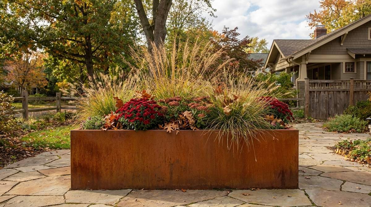 A Corten steel planter showcasing a natural rust patina finish that develops over time, ideal for industrial-modern outdoor decor. The orange-brown surface harmonizes with autumn foliage and warm-season grasses, creating a living finish that evolves with exposure.