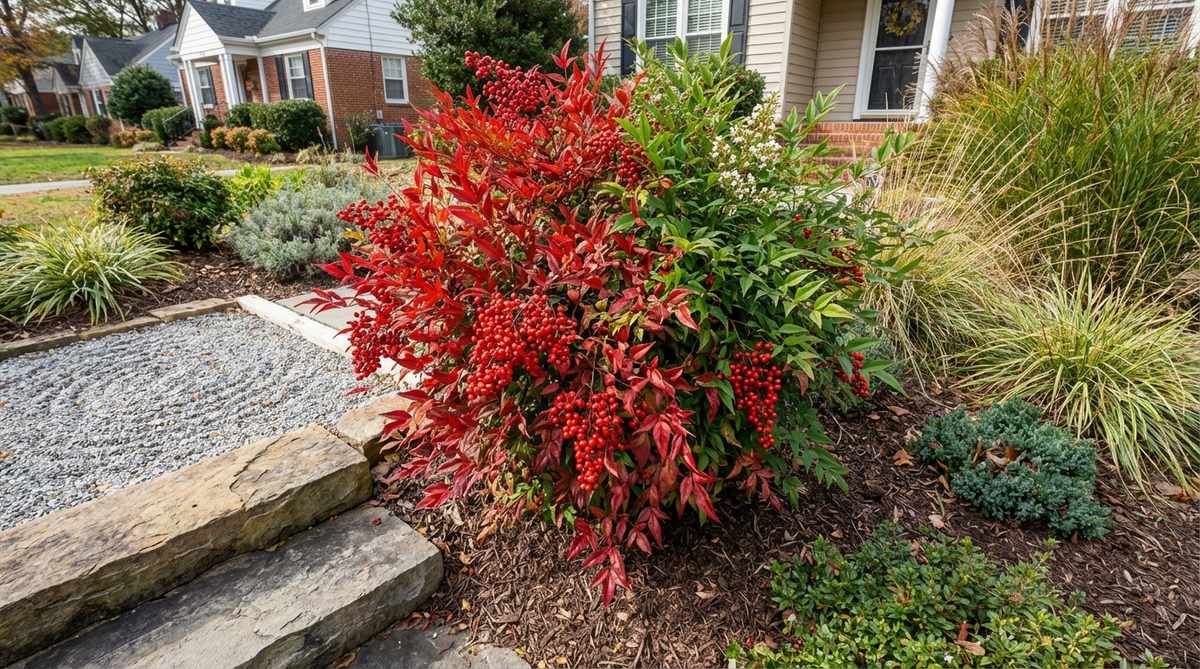 Nandina domestica, or sacred bamboo, used as a bamboo substitute in Japanese garden design, featuring fine-textured compound leaves, white spring flowers, and red winter foliage and berries for seasonal color, ideal for smaller gardens to avoid invasive spreading.