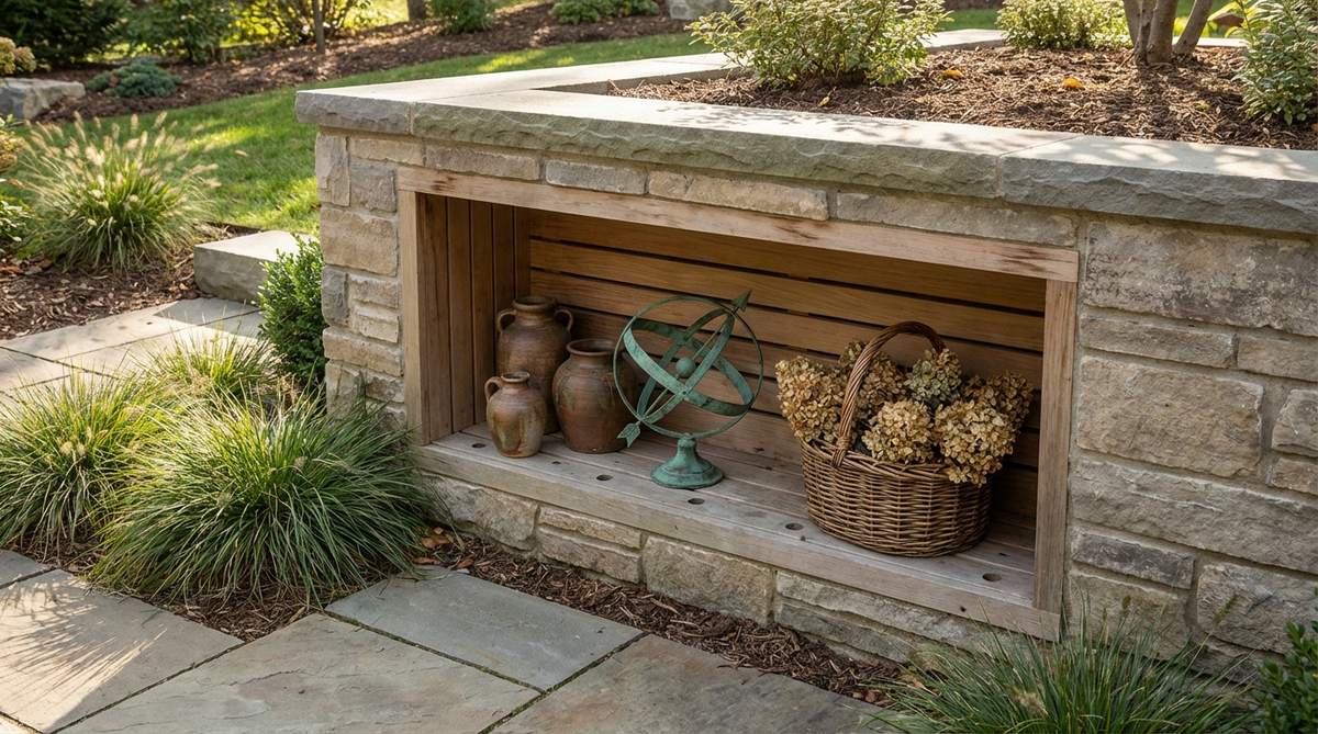A recessed shadow box display niche built into an outdoor wall, showcasing three-dimensional decorative objects with natural shadowing effects. Constructed from weather-resistant materials with proper drainage, ideal for displaying collections, seasonal decorations, or sculptures in outdoor decor settings.