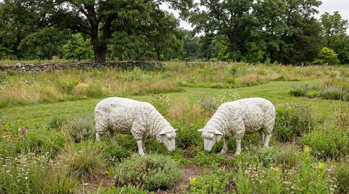 A pair of realistic sheep sculptures in a grazing posture, featuring woolly textures and white or cream finishes, ideal for meadow gardens and naturalized lawn areas. They are designed to be grouped in small flocks to mimic herd behavior, enhancing open lawn spaces with a natural, pastoral aesthetic.