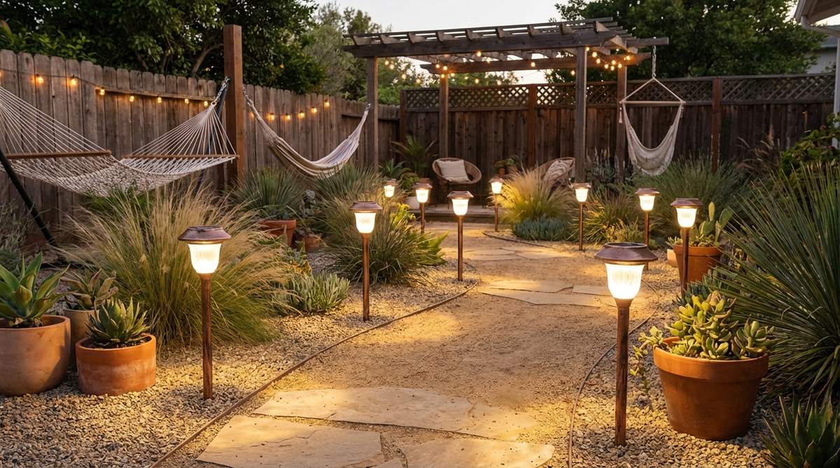 A set of decorative solar path lights with copper or brushed steel stakes, spaced every 6-8 feet along a garden walkway, providing warm white LED illumination for safety and visibility in a boho-style garden without electrical wiring.