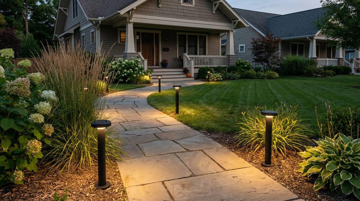 Modern solar-powered LED lights installed along a garden walkway, providing safe and ambient illumination without electrical work, spaced every 6-8 feet for consistent coverage in a small front garden setting.
