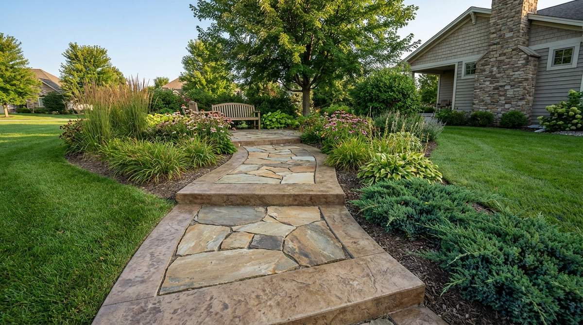 A garden path featuring a hybrid design with concrete borders alternating with natural stone sections, providing structural support and cost savings. The concrete is finished to mimic stone texture, with stained colors matching the stone for visual continuity, ideal for optimizing budget and performance in stone garden paths.