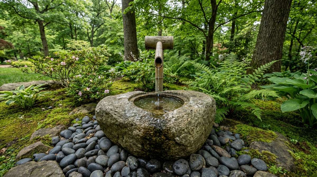 A traditional tsukubai stone basin used for ritual purification in a Japanese zen garden. Water drips slowly from bamboo spouts into the hand-carved depression, surrounded by river stones and moss to catch overflow. Positioned at crouching height to encourage a humble approach during the purification ritual.
