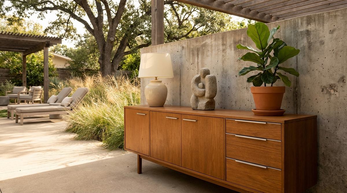 A mid-century inspired streamlined wood credenza in a modern boho decor setting, featuring warm wood tones and simple hardware for a sleek, clutter-free look. It is topped with a curated arrangement including a table lamp, sculptural object, and a single plant, blending clean modern design with organic touches.