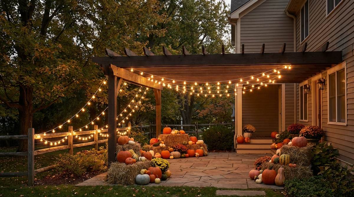 A warm white string light backdrop draped across a porch ceiling or fence, creating a glowing canvas that highlights pumpkin arrangements and adds depth to fall outdoor decor, perfect for evening entertaining.