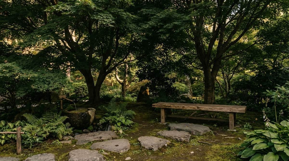 A tranquil seating area beneath mature maple or zelkova trees in a Japanese garden, offering cool respite during summer heat. Ferns and hostas thrive in the deep shade, with a water feature adding psychological cooling through sound. The dense canopy creates a microclimate significantly cooler than surrounding areas.