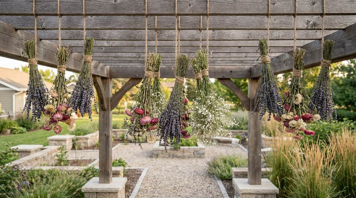 Inverted bundles of dried wildflowers hanging from ceiling beams with jute cord, arranged in odd-numbered groups for boho wedding decoration. Shows traditional herb drying style with varied textures and sizes for visual interest.