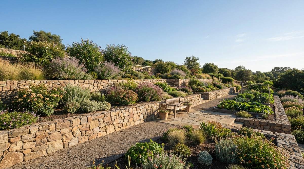 A terraced slope garden featuring multiple level planting beds separated by stone retaining walls, creating flat growing areas for different plant communities on a hillside landscape.
