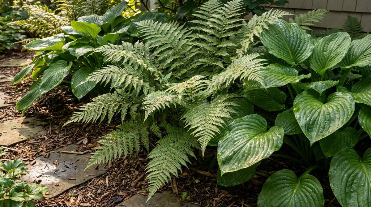 A close-up photo showing fine-textured ferns juxtaposed against bold-leaved hostas in a small garden, demonstrating how glossy and matte foliage create visual depth through varied light interaction.