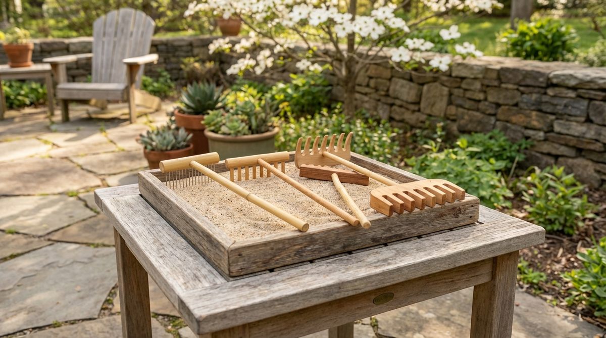 A collection of five textured rakes for mini zen gardens, each with different tine patterns to create varied sand textures from fine lines to broad furrows. The set includes wide-tine rakes for engaging shoulder muscles and fine-tine rakes for developing precision hand control and fine motor skills during extended meditation sessions.