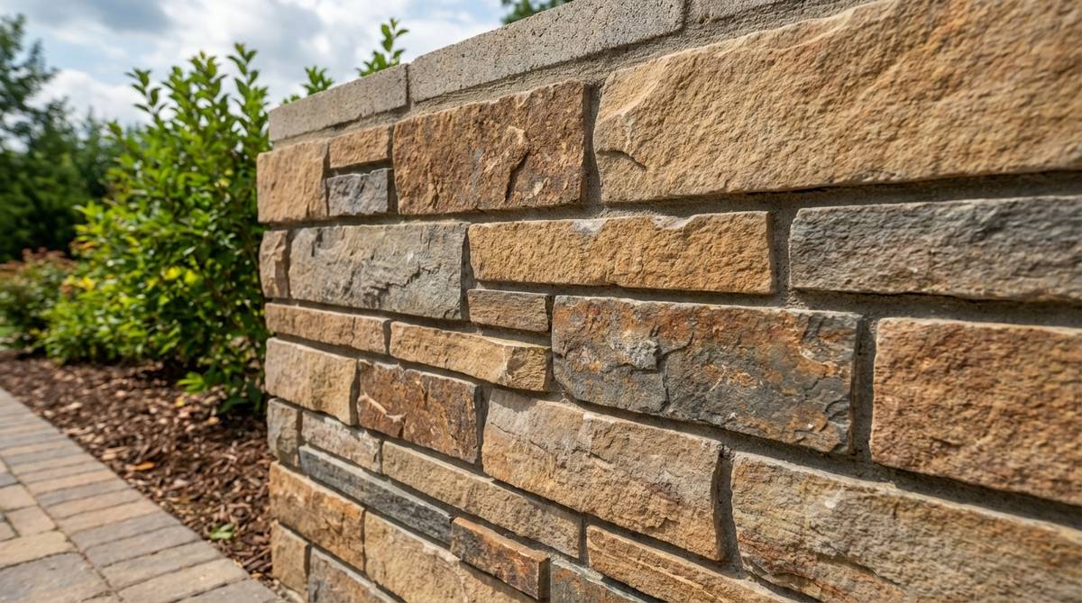 Close-up of thin-cut natural stone facing installed on a garden wall, showing the authentic texture and color of 1-2 inch thick stone slices. The stones are mortared to a concrete block core with modified thinset, demonstrating a cost-effective method for achieving genuine stone character in substantial wall projects while maintaining durability in freeze-thaw climates.