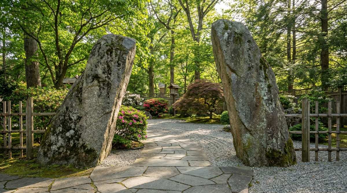 Two prominent upright stones flanking the entrance of a Japanese stone garden, creating a symbolic gateway that marks the transition from ordinary space to the sacred garden realm. The stones are positioned with a slight inward lean, inviting visitors to cross the threshold and shift into a contemplative state as they enter the garden.