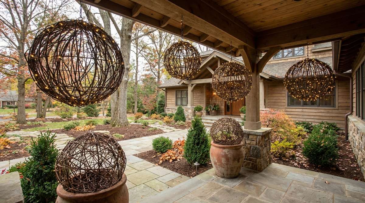 Large decorative spheres woven from natural twigs, perfect for outdoor Christmas decor. These sculptural ornaments can be suspended from porch ceilings or placed in planters, featuring a see-through construction that maintains airiness while providing substantial form. Ideal for adding organic elements to your holiday display, they can be enhanced with battery-powered string lights for an evening glow and work across multiple seasons beyond winter.